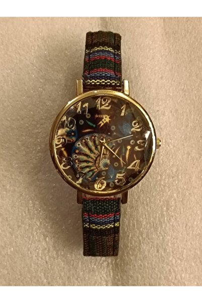 Butik Tülin Unisex otantik altın tekstil çok renkli kayışlı tavus kuşu kadran...