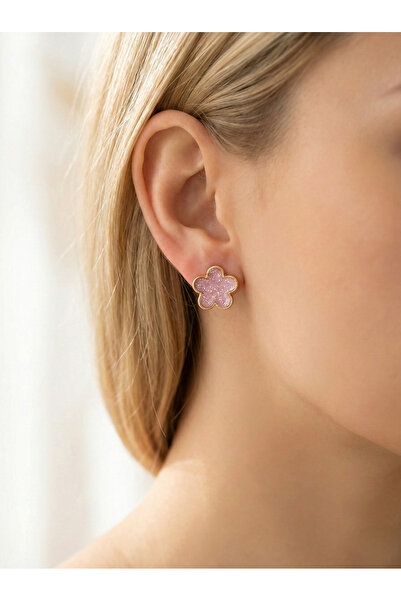 Candy Nuveria Gül Sükûneti Serisi - Pembe Mineli Altın Kaplama Çiçek Küpe