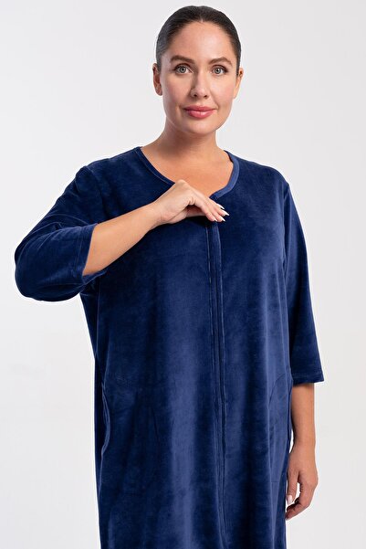 VİENETTA Women's Plus Size Velvet Capri Sleeve Zippered Navy Blue Home Dress ...