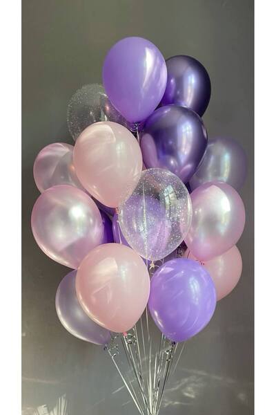 Çemrek Süs Parti Pink Lila Purple Transparent Sequin Balloon Bundle 15 Pcs
