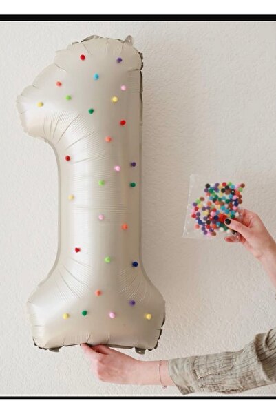 Çemrek Süs Parti 1 Year Old Foil Balloon with Colorful Pompoms