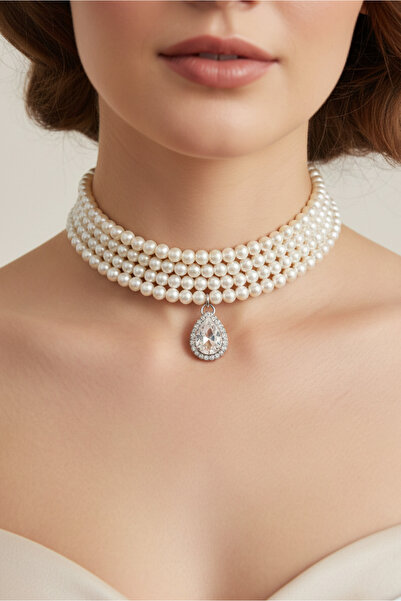 Happyline Damla Taşlı, Cam İncili Choker Kolye, Tasma Kolye, Gümüş Kaplama Ta...