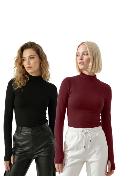 uyguntarz Kadın 2'li Bordo & Siyah Parmak Detaylı Yarı Balıkçı Yaka Bluz Fırs...