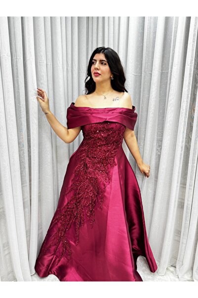 Rosina Mikado Burgundy Embroidered Evening Dress