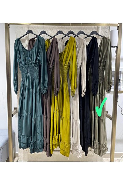 moda gk Imported Design Elastic Waist Silk Satin Dress-Khaki