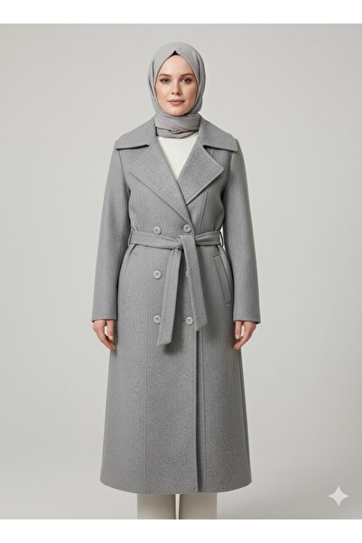 ECALAMODE Women's Light Gray Belted Long Cashmere Coat – Double-Breasted Coll...