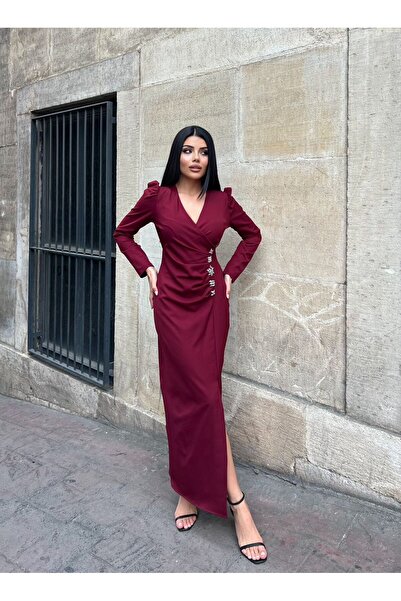 Miss Janell A soft and elegant burgundy dress adorned with accessory details ...