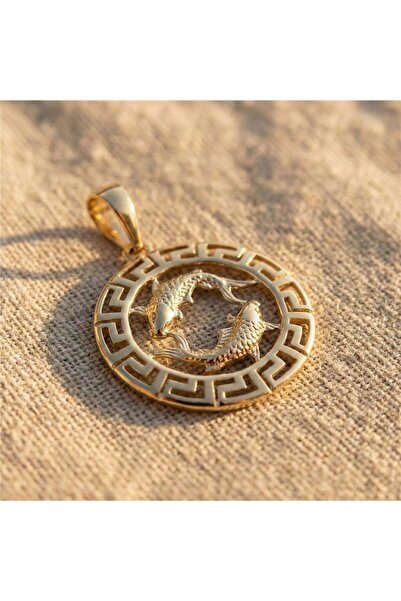 Zeino Balık Burcu Antik Desenli Kolye Ucu - 14k Altın Rengi Kaplama, 2,5 cm çap