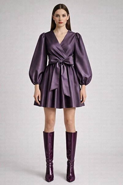UNTIMELY Balloon Sleeves & Double Breasted Closure Taffeta Mini Dress