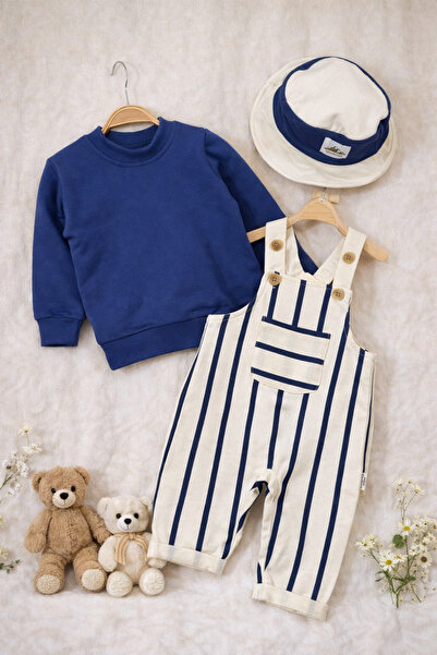 BEBENDY Çizgili Safari Şapkalı 3’lü Erkek Salopet Takım