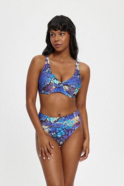 Louren Women's Patterned Wire Gathered Bikini Set – Thick Strap Top & High Wa...