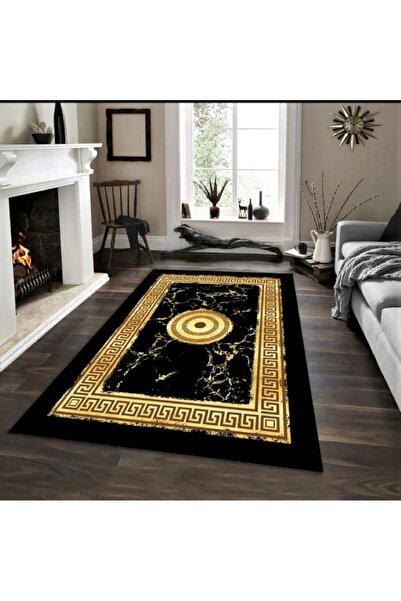 trendyhome Anti-Slip Rug, Greek Design, Black/Gold