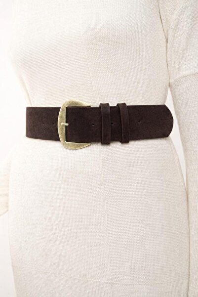 Versla Antik Gold Tokalı Süet AcıKahverengi Kalın Kemer