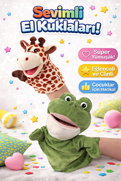 TRUST STORE 2’li Zürafa ve Kurbağa Peluş El Kuklası Seti Ağzı Hareket Eden Eğ...