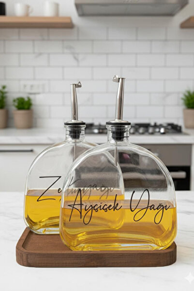 dnshome Akasya Ahşap Stantlı 2'li Cam Yağdanlık Seti Etiket Hediyeli Yağlık S...