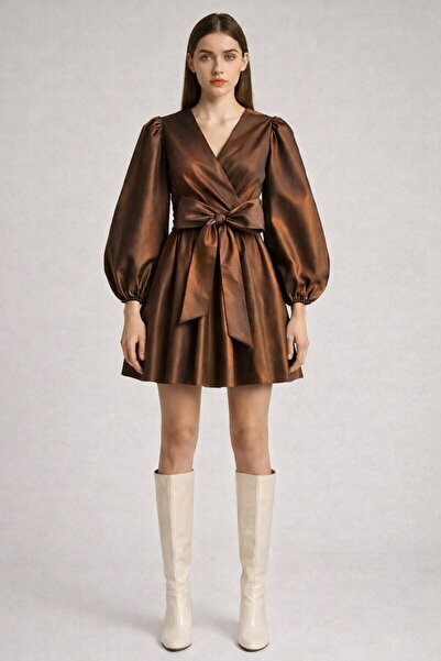 UNTIMELY Balloon Sleeves & Double Breasted Closure Taffeta Mini Dress