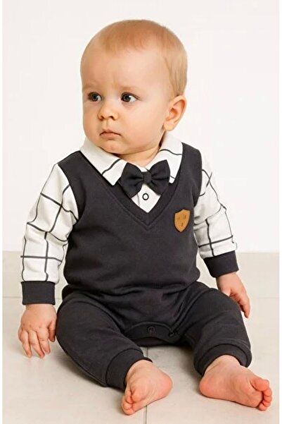 cacobutik Bow Tie Detailed Striped Checkered Emblem Jumpsuit Smoked