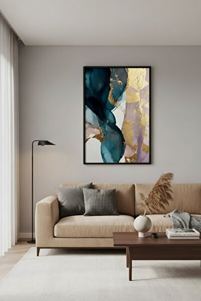 hollywest Lüks Altın Varaklı Soyut Akrilik Formlar Duvar Sanatı | Lacivert & ...