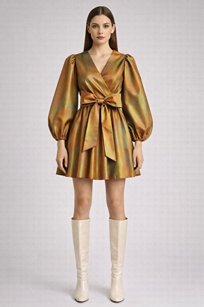 UNTIMELY Balloon Sleeves & Double Breasted Closure Taffeta Mini Dress