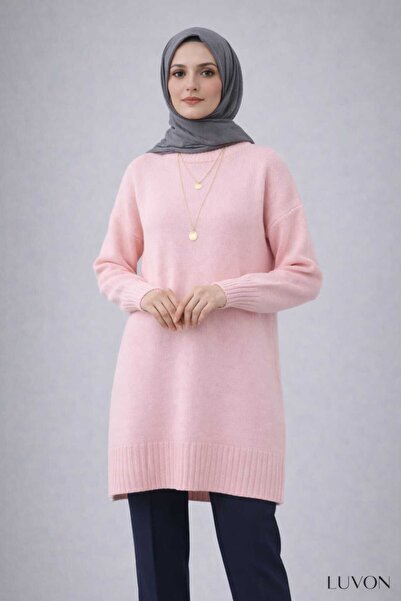 LUVON zarafet güvenle başlar Pink Crew Neck Oversized Knitwear Sweater Tunic