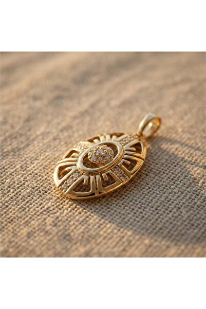 Zeino Zirkon Taş Detaylı Oval Kolye Ucu - 14k Altın Rengi Kaplama, 3 cm