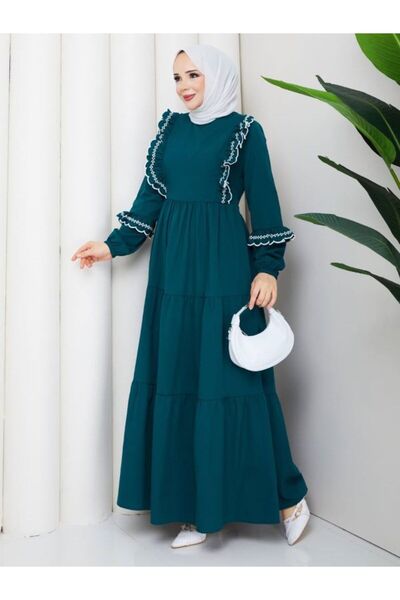 SHİROSA Poplin Ruffle and Embroidery Detailed Hijab Dress