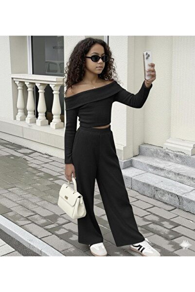 Kids KIZ ÇOCUK MADONNA YAKA FİTİLLİ ÖRME KUMAŞ ALT-ÜST TAKIM