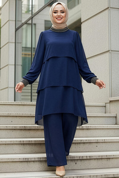 N.S NEVA STYLE Chiffon Navy Blue Hijab Double Set 48501L
