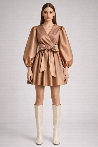 UNTIMELY Balloon Sleeves & Double Breasted Closure Taffeta Mini Dress