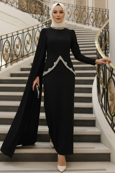 N.S NEVA STYLE Pelerin Detaylı Siyah Tesettür Abiye Elbise 54341S