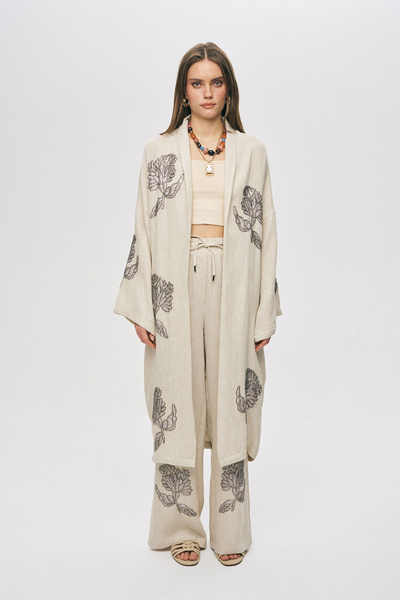 Orfeo Negro Women's Flora Natur Embroidered Long Oversize Kimono with Tie Detail