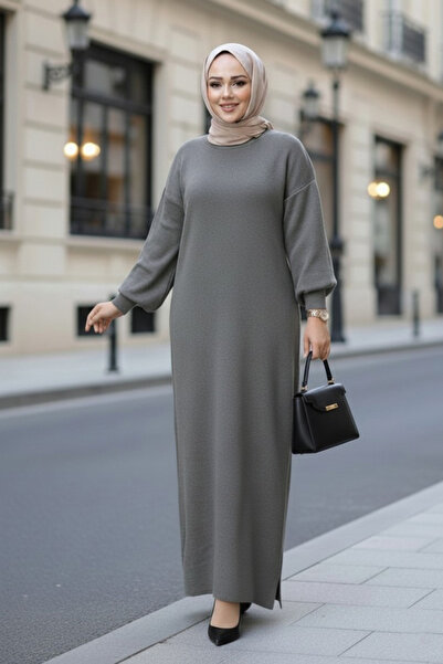 N.S NEVA STYLE Gray Hijab Knitwear Dress 17205Gr