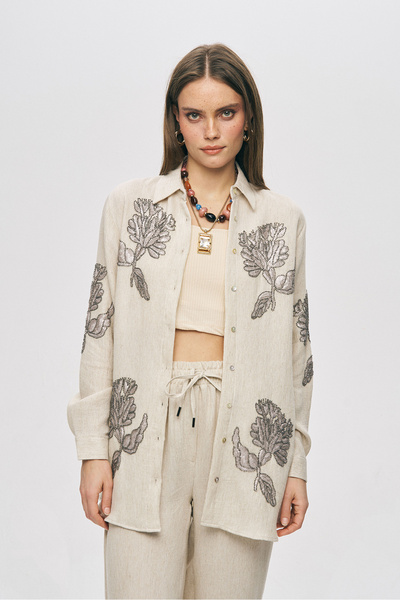 Orfeo Negro Women's Flora Natur Embroidered Oversize Linen Blend Shirt