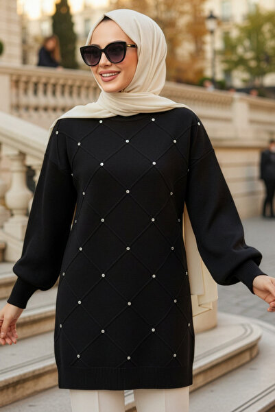 N.S NEVA STYLE Bead Detailed Black Hijab Knitwear Sweater 10138S