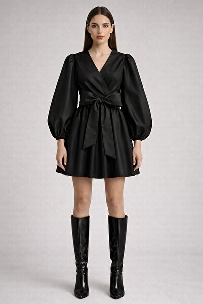 UNTIMELY Balloon Sleeves & Double Breasted Closure Taffeta Mini Dress