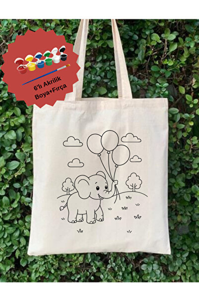 Cemira Sevimli Fil Çocuk Etkinlik Boyama Çanta Seti – 6’lı Akrilik Boya - Boy...