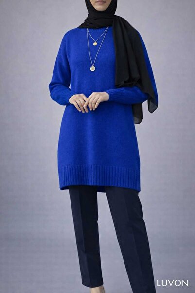 LUVON zarafet güvenle başlar Saks Blue Crew Neck Oversize Knitwear Sweater Tunic