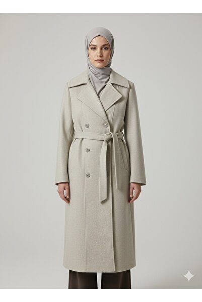 ECALAMODE Women's Light Gray Belted Long Cashmere Coat – Double-Breasted Coll...