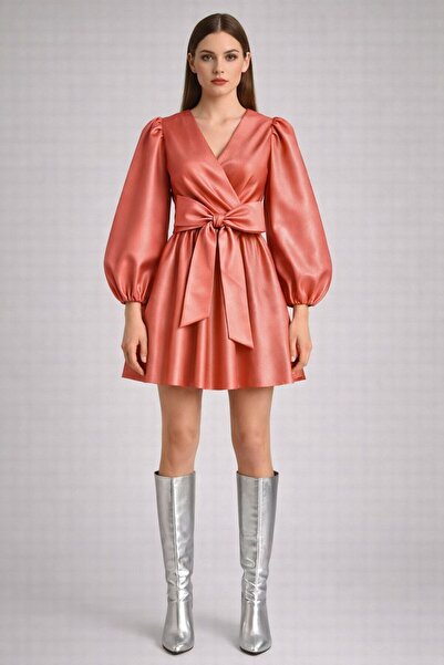 UNTIMELY Balloon Sleeves & Double Breasted Closure Taffeta Mini Dress