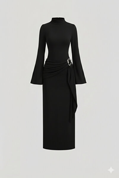 peelter Siyah Kadın Dik Yaka Toka Detaylı Kuşaklı Toparlayıcı Dar Kalıp Uzun ...