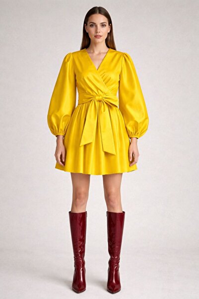 UNTIMELY Balloon Sleeves & Double Breasted Closure Taffeta Mini Dress