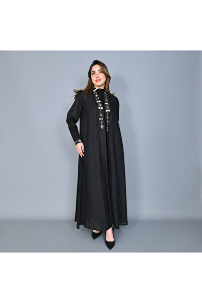 HAWRAA ABAYA عباية سوداء راقية بتفاصيل تطريز انيقة بقصة ربع كلوش