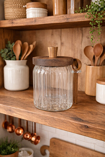 Evila 450 ml Cam Baharatlık Kavanoz Akasya Ağacı Kapaklı ve Kaşık Detaylı Bah...