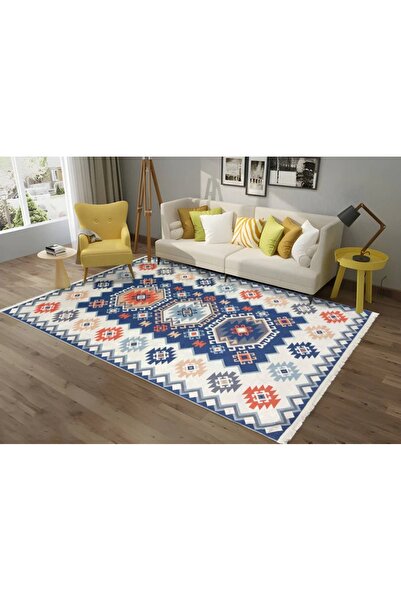 trendyhome Traditional Anti-Slip Rug, Blue/Cream/Orange