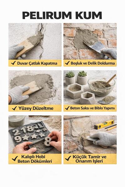 Pelirum 1 KG İnce Kum – Duvar Tamiri, Harç Yapımı ve Hobi Beton Dökümleri İçin