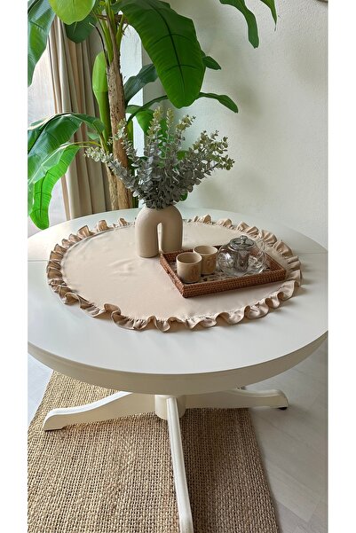 Decamor home Stain-Resistant Linen Beige Round Ruffle Runner