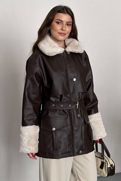 moda çağdaş Silk Fur Detailed Belted Long Leather Coat