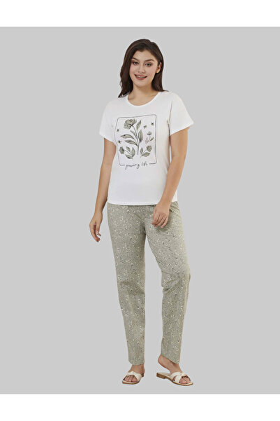 MSBB A stylish pajama set with a white t-shirt featuring elegant floral prints.