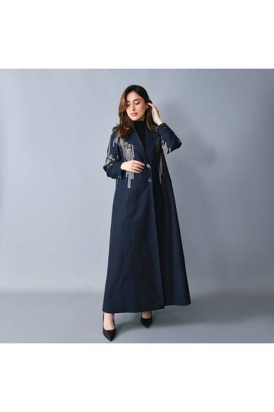 HAWRAA ABAYA A-line blazer-style abaya in linen fabric - navy blue/black