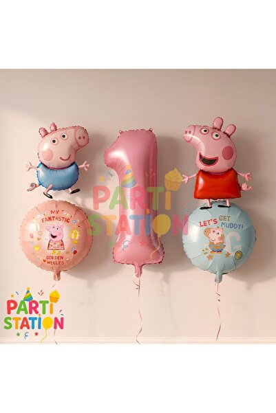 Parti Station Peppa Pig & George Konsept 1 Yaş Folyo Balon Seti Doğum Günü Seti